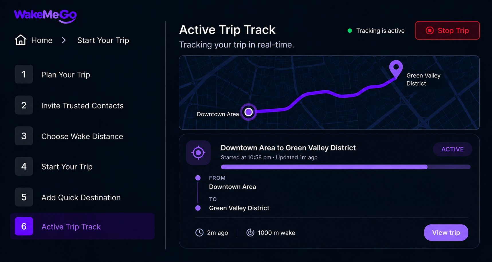 WakeMeGo Active Trip Track screen